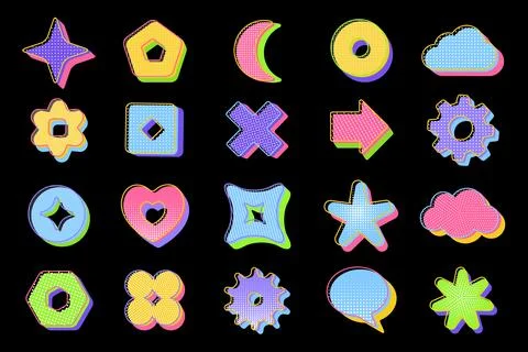 Retro geometric halftone shapes vector set. Trendy design element stickers. Stock Illustration