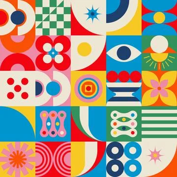 Retro Geometric Mosaic Pattern with Sun and Flower Vector 스톡 일러스트
