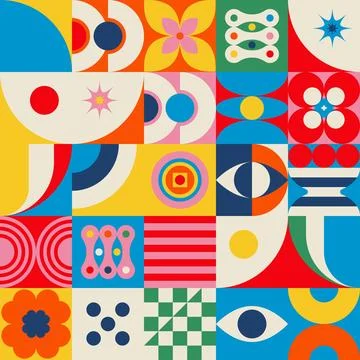 Retro Geometric Mosaic Pattern with Target Circles Vector 스톡 일러스트