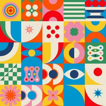 Retro Geometric Pattern with Checkerboard and Flowers Vector 스톡 일러스트