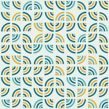 Retro geometric pattern with yellow and teal semi circle arcs on light gree.. Stock Illustration
