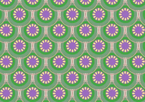 Retro Geometric Seamless Pattern With Green Circles And Purple Floral Motif.. イラスト素材
