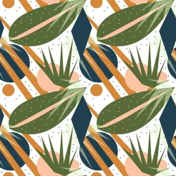 Retro geometric seamless pattern. Trendy palm leaf endless background, repeating Stock Illustration
