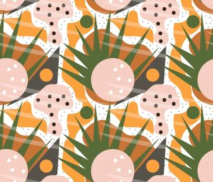 Retro geometric seamless pattern. Trendy palm leaf endless background, repeating Stock Illustration