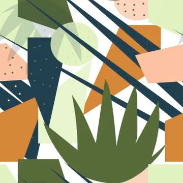Retro geometric seamless pattern. Trendy palm leaf endless background, repeating 스톡 일러스트