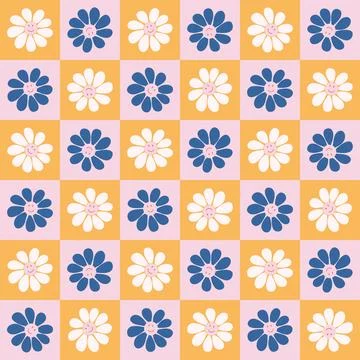 Retro geometric seamless pattern. Vintage checkered floral background. Stock Illustration