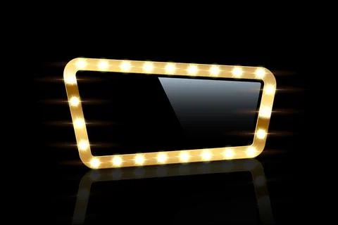Retro gold frame with light, 3d realistic glowing golden glamour makeup dressing Illustrazione stock