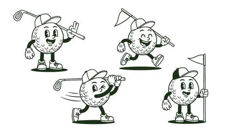 Retro Golf Ball Character Set: Playing Golf, Swinging, Running, Happy Mascot Stock Illustration