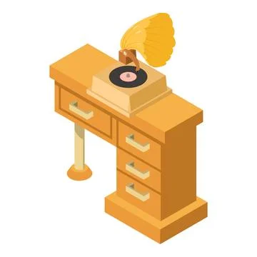 Retro gramophone icon isometric vector. Vintage music gramophone on wooden table Illustrazione stock