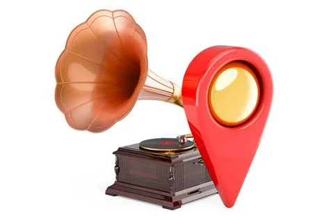 Retro gramophone with map pointer. 3D rendering Stock Illustration