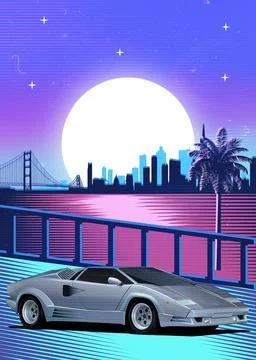 Retro gray Car Synthwave Poster with vaporwave sunset, neon gradient background Stock Illustration