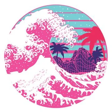 Retro great waves design with palms Ilustração Stock