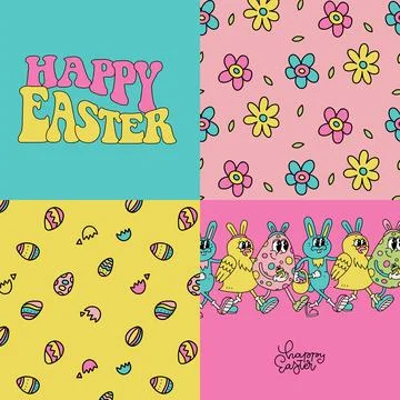 Retro greeting Easter cards set in vivid groovy 70s-80s style. Spring Stock Illustration