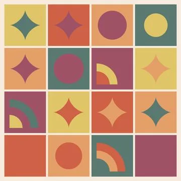 Retro grid pattern featuring mid-century diamonds circles and arch shapes i.. Stock Illustration