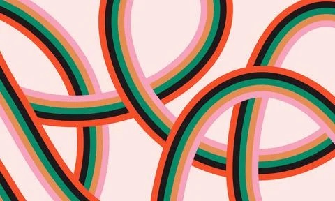 Retro groovy abstract background. Multi colored curve stripes on pale pink Stock Illustration