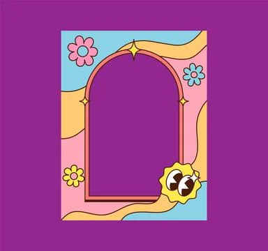 Retro groovy arched frame with daisies and sun Stock Illustration