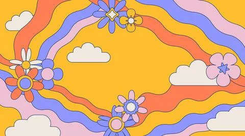 Retro groovy background with clouds. Daisy flowers and wavy rainbows frame Illustrazione stock