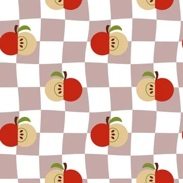 Retro Groovy Background. Seamless pattern with checkers and apples. 60's st.. Stock Illustration