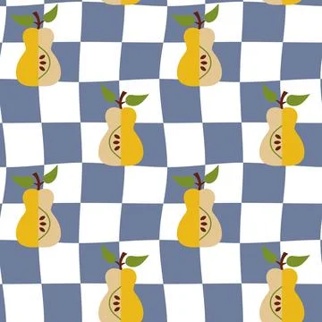 Retro Groovy Background. Seamless pattern with checkers and pears. 60's style Stock Illustration