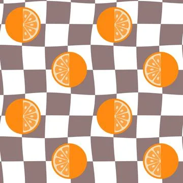 Retro Groovy Background. Seamless pattern with checkers and oranges. 60's sty Stock Illustration
