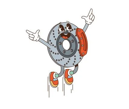 Retro groovy car break disk character jumping Stock Illustration