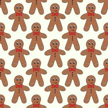 Retro Groovy Christmas Winter Pattern with Gingerbread Cookie Man. Stockillustratie