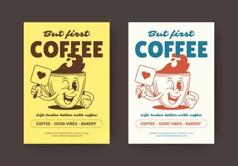 Retro Groovy Coffee Mascot Vector Template Flyer Poster Set Stock Illustration