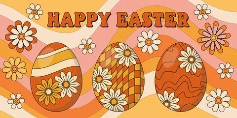 Retro Groovy Easter Banner with Psychedelic Patterned Eggs and Daisy Flower.. Stock Illustration