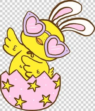 Retro Groovy Easter Chicken Bunny Ears in Egg Cartoon Hand Drawn Stock Illustration