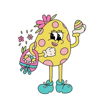 Retro groovy easter egg mascot. Isolated concept in trendy retro 60s 70s cartoon Stock Illustration