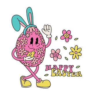 Retro groovy easter egg mascot. Cute floral chatacter in trendy retro 60s 70s Stock Illustration