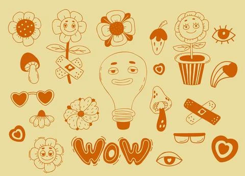 Retro groovy elements. Funny cartoon characters with faces funky flower power Stock Illustration