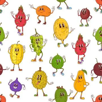 Retro groovy fruit characters seamless pattern Stock Illustration