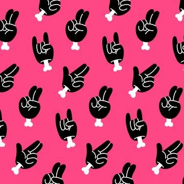 Retro groovy hands set. Hippy sticker pack. Seamless vector pattern background Stock Illustration