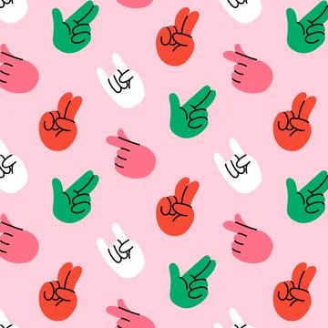 Retro groovy hands set. Hippy sticker pack. Seamless vector pattern background Stock Illustration