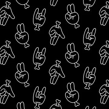 Retro groovy hands set. Hippy sticker pack. Seamless vector pattern background 스톡 일러스트