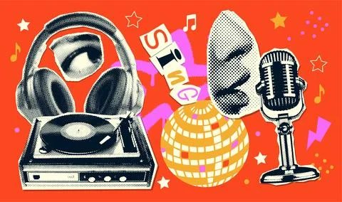 Retro groovy music collage elements set with mouth singing to microphone in Stock-Illustration