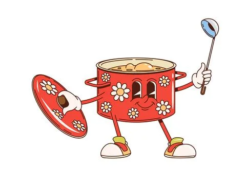 Retro groovy saucepan, kitchenware funny character Stock Illustration