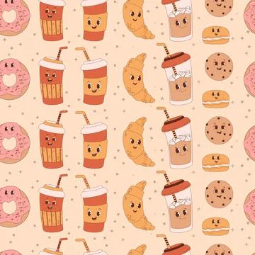 Retro groovy seamless pattern. Cartoon characters coffee in paper cups, don.. Stock Illustration