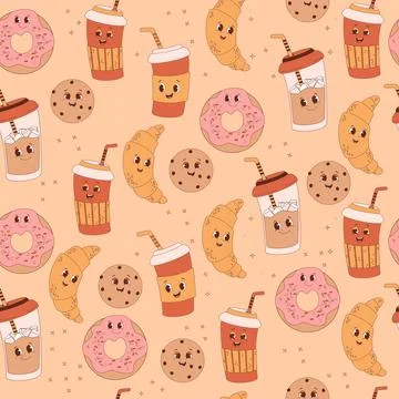 Retro groovy seamless pattern. Cute characters of coffee in paper cup to go.. Illustrazione stock