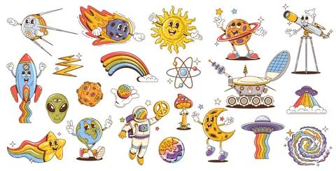 Retro groovy space characters, planet, rocket, UFO Stock Illustration