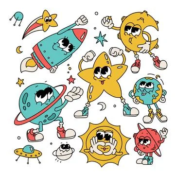 Retro groovy space characters with smiling faces set. Earth, planet, sun, star Ilustração Stock