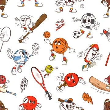 Retro groovy sport characters pattern background Stock Illustration