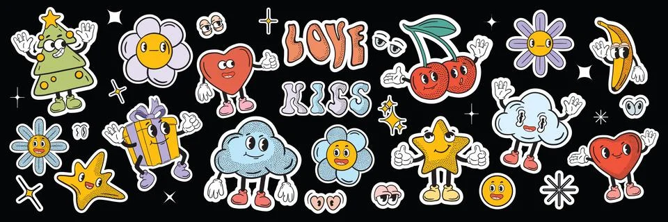 Retro groovy sticker patch set, vector vintage funny mascot character kit Illustrazione stock