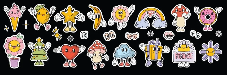 Retro groovy sticker patch set, vintage funny mascot character kit 스톡 일러스트