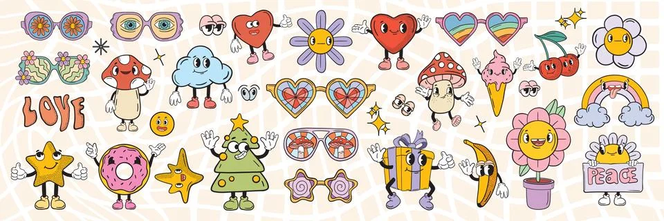 Retro groovy sticker patch set, funny vintage mascot character kit Ilustración de archivo