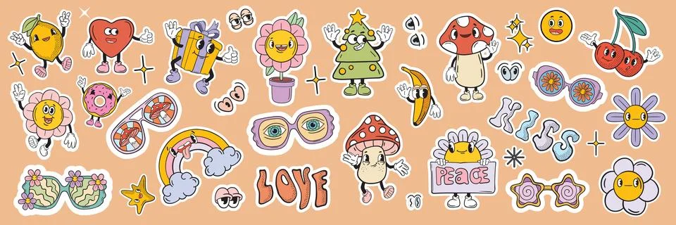 Retro groovy sticker patch set, vintage funny mascot character kit Ilustración de archivo