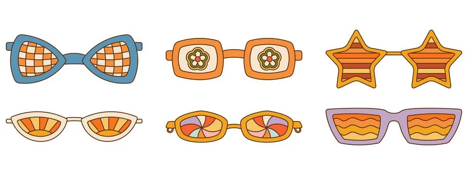 Retro Groovy sunglasses collection with different patterns. 1970's Vibe set. Stock Illustration