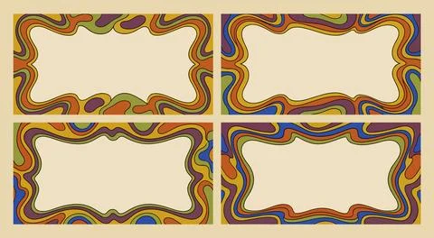 Retro Groovy Wavy Frame Set Colorful Vintage Borders Stock Illustration