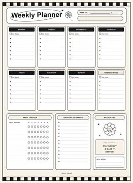 Retro groovy weekly planner desk pad template with habit tracker daily schedule Stock Illustration